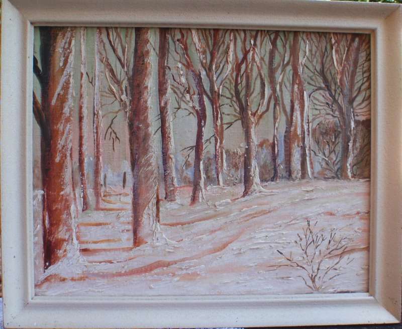 Original oil painting `Winter Forest` Beautiful atmospheric snow scene in gorgeous hues.