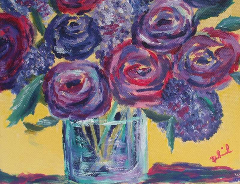 Gorgeous original oil Cerise Flowers in Vase. Spontaneous and naive, impressionist painting.