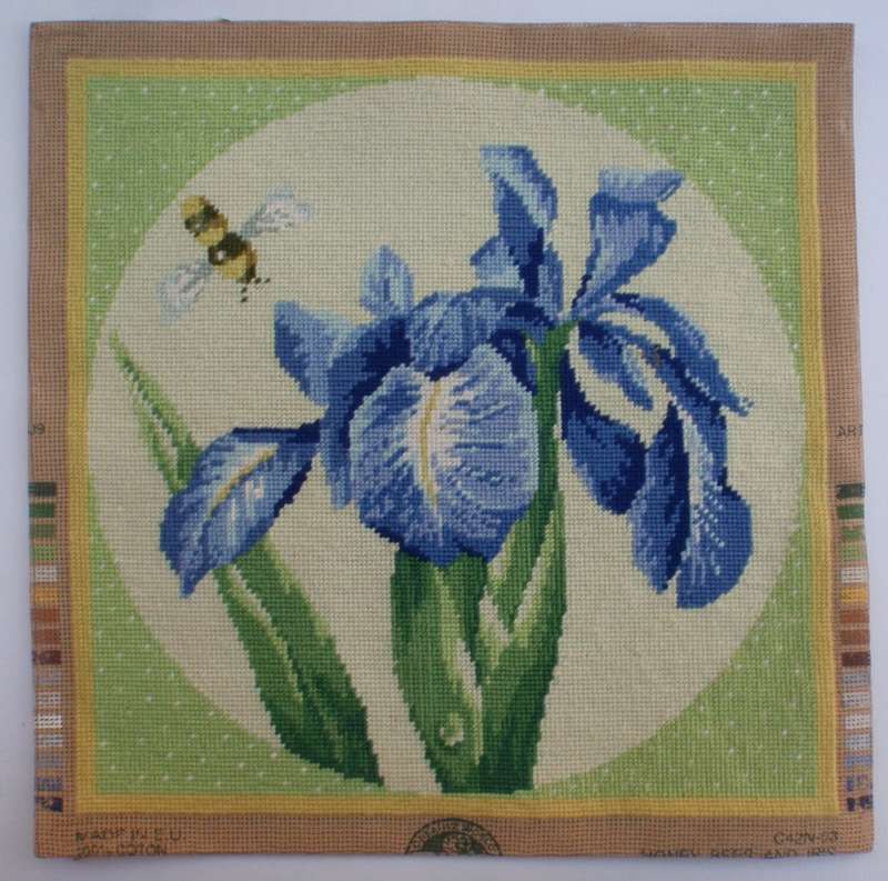 Tapestry. This is a loose tapestry. Honey Bees on Iris. Lovely summer garden scene. Good condition.