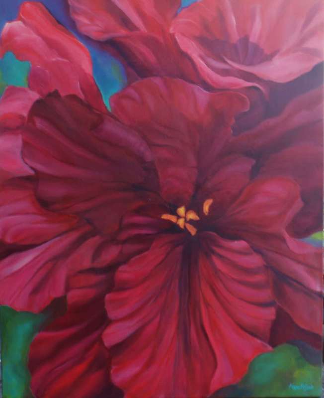 Original Arlene McDade `Ruby Hibiscus` Well documented S.African artist.