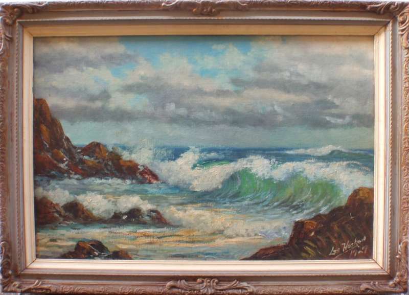 Seascape vintage oil Les Hosken 1967. Majestic large moody ocean scene with beautiful clouds.