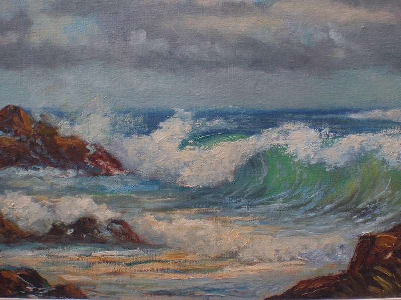 Seascape vintage oil Les Hosken 1967. Majestic large moody ocean scene with beautiful clouds.