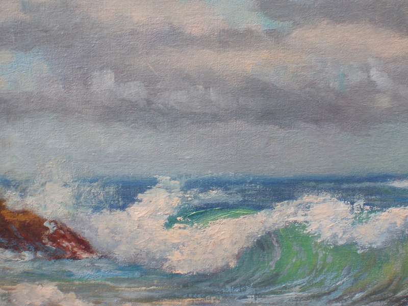 Seascape vintage oil Les Hosken 1967. Majestic large moody ocean scene with beautiful clouds.