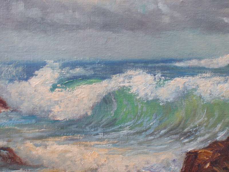 Seascape vintage oil Les Hosken 1967. Majestic large moody ocean scene with beautiful clouds.