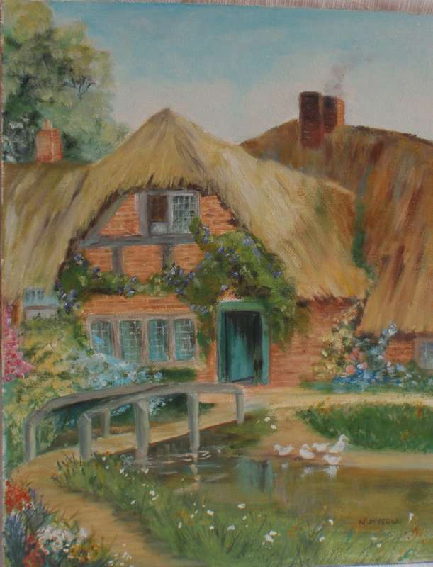Original oil on canvas board. Old World country cottage - most charming.