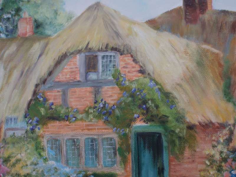 Original oil on canvas board. Old World country cottage - most charming.