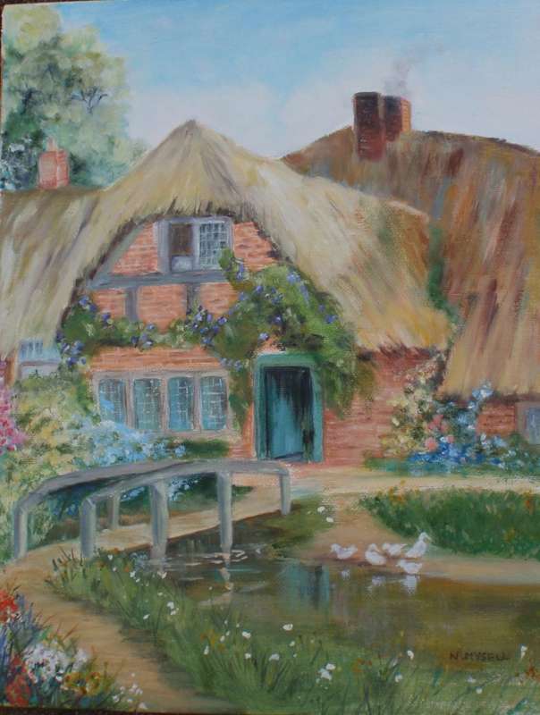 Original oil on canvas board. Old World country cottage - most charming.