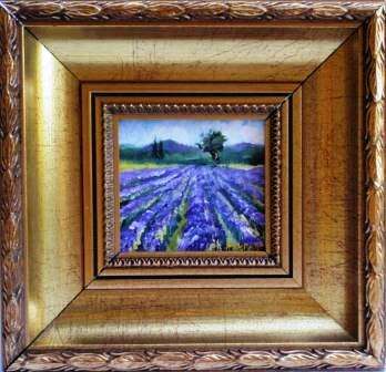 Original Painting 'Provence' Charming Miniature Lavender Fields In Beautiful Gold Frame!!!