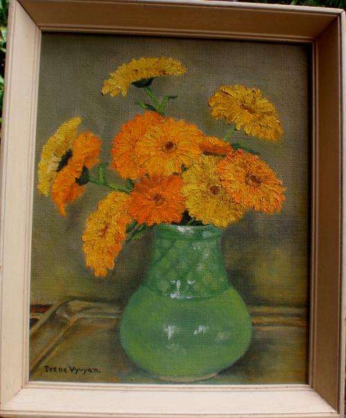 VINTAGE PAINTING 'MARIGOLDS' by IRENE VYVYAN - LOVELY VIBRANT OLD PAINTING!
