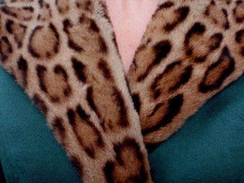 GENUINE OCELOT FUR COLLAR ON MOSS GREEN WOOL 'BUNNY' JACKET - SIZE 34