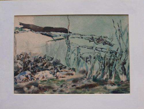 ORIGINAL WATERCOLOUR BY VERY WELL KNOWN ZIMBABWE ARTIST - KAUFMAN NDLOVU - 'THE GOAT KRAAL'