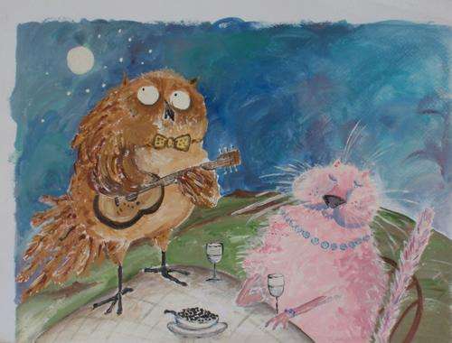 VERY CUTE - ORIGINAL PAINTING - 'THE OWL & THE PUSSYCAT'