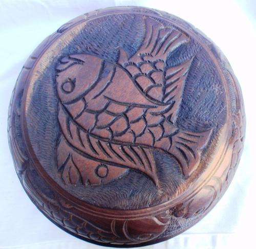 BEAUTIFUL, AFRICAN HAND CARVED WITH FISH DESIGN, LARGE WOODEN BOWL - A MUST FOR FISH LOVERS!!!