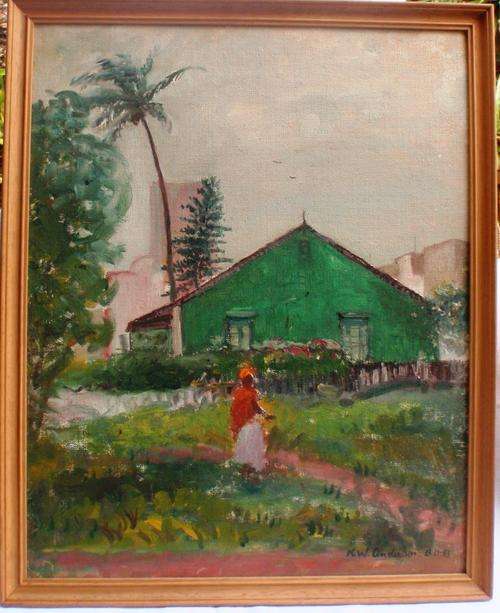 UNUSUAL VINTAGE PAINTING - BY K.W.ANDERSON 13-11-53 - LOOKS LIKE THE OUTSKIRTS OF DURBAN?