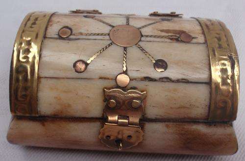 FASCINATING BONE & BRASS LAMINATED MIDDLE EASTERN MINI CHEST - SEE DETAIL