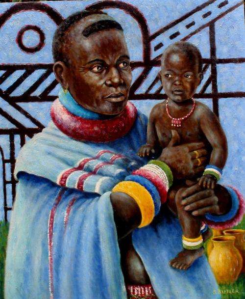 AMAZING VINTAGE COLLECTABLE - HISTORICAL PAINTING - NDEBELE 'MOTHER & CHILD' BY S.BUTLER 1970