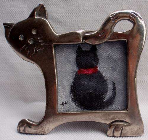 ORIGINAL 'BLACK CAT' BY ARTIST ARLENE McDADE - GORGEOUS LITTLE PAINTING IN TABLE STANDING FRAME.