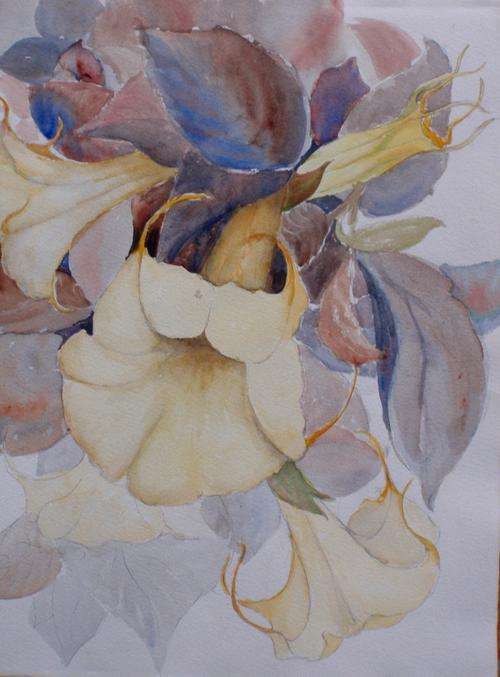 BEAUTIFUL ORIGINAL WATERCOLOUR 'MOON FLOWERS' PALEST YELLOW & GREY TONES!!!