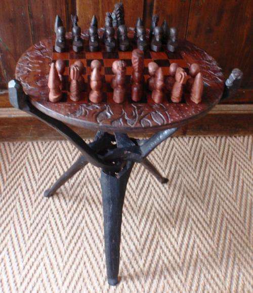 VINTAGE - AFRICAN HAND CARVED CHESS TABLE & PIECES - UNIQUE GIFT FOR THE PERSON WHO HAS EVERYTHING