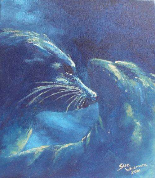 BEAUTIFUL, BENEATH THE SEA 'SEALS AT PLAY' CAPTURED BY ARTIST SUE WHITMORE, 2001.  REALLY LOVELY!!!