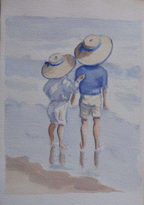 BEAUTIFUL ORIGINAL WATERCOLOUR 'DAY AT THE SEASIDE' SOFT PASTEL HUES!!!