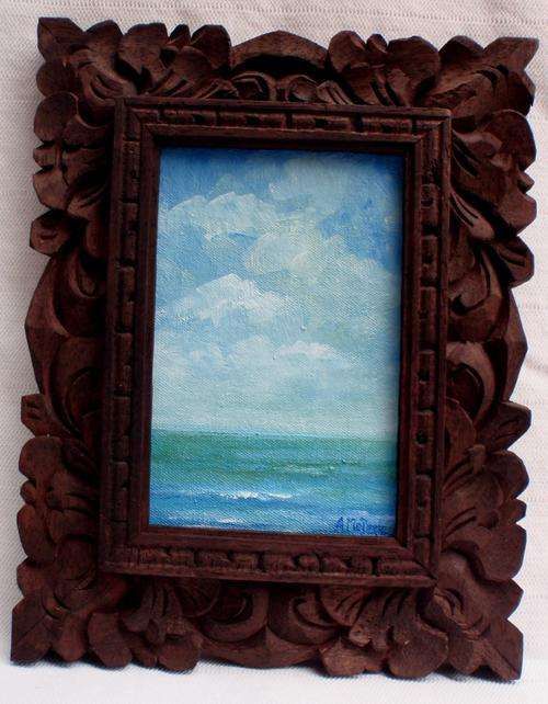 GORGEOUS LITTLE ORIGINAL SEASCAPE BY ARLENE McDADE - IN HAND CARVED BALI FRAME.
