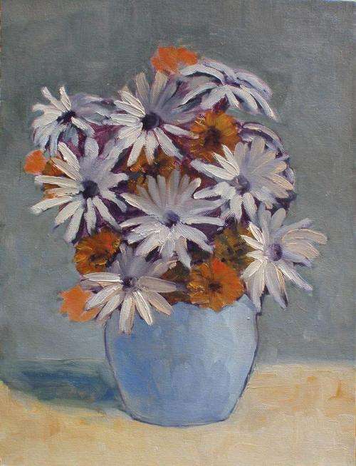 THE MOST GORGEOUS LITTLE ORIGINAL OIL PAINTING - 'DAISIES IN BLUE VASE'  MY FAVOURITE!!!