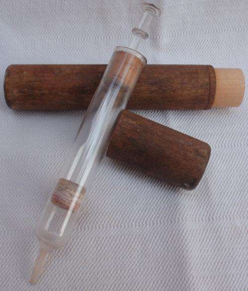 APOTHECARY - VINTAGE GLASS 'DROPPER'  WITH WOODEN CONTAINER - COLLECTABLE