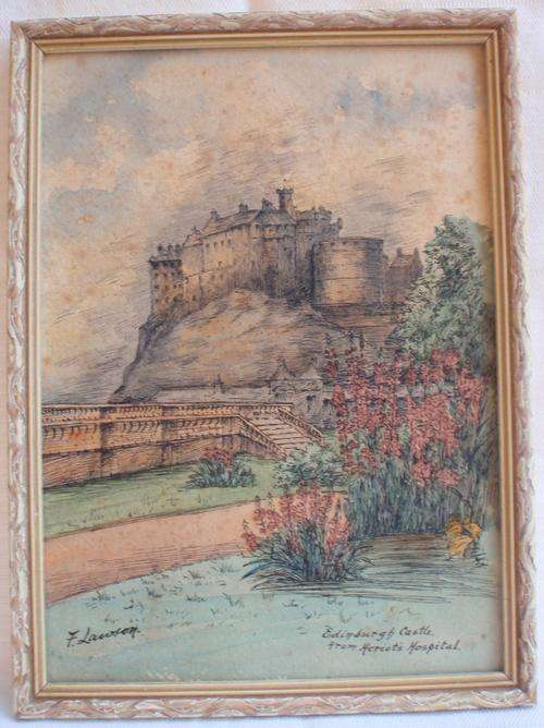 VINTAGE - ORIGINAL INK & WASH by F.LAWSON  'EDINBURGH CASTLE, FROM HERIOT'S HOSPITAL'  VERY DETAILED