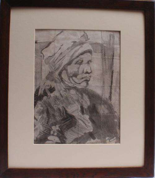 FASCINATING ORIGINAL PENCIL SKETCH - 'GOGO' FRAMED IN VINTAGE OAK FRAME - CHARACTER PIECE!!!