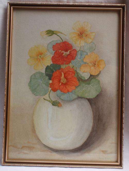 VINTAGE - GORGEOUS ORIGINAL WATERCOLOUR BY ANNE ADAM - 'NASTURTIANS IN VASE'