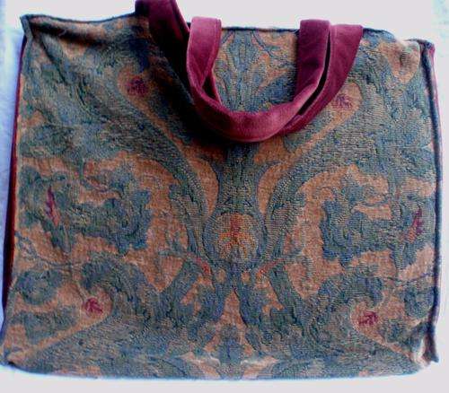 ARTY INTERESTING & FABULOUS!!! RICH TAPESTRY FABRIC BAG WITH DEEP RED VELVET STRAPS, LOVELY!!