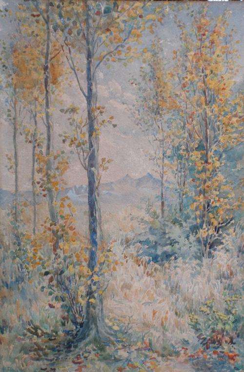 VINTAGE - VERY OLD WATERCOLOUR by OLIVE SUNDERLAND - 'AUTUMN POPLARS, HIMEVILLE'