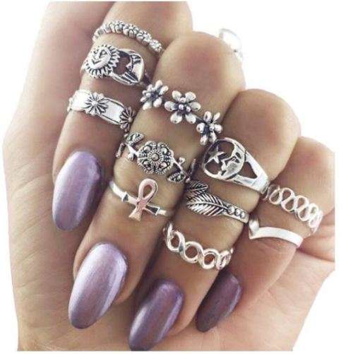 JT - 11 Pcs/Set Women Ring Jewelry Bohemian Sun Moon Stars Leaves Flowers Fashion Rings Se