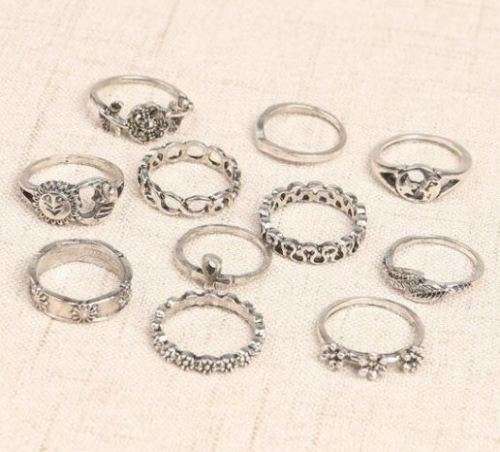JT - 11 Pcs/Set Women Ring Jewelry Bohemian Sun Moon Stars Leaves Flowers Fashion Rings Se