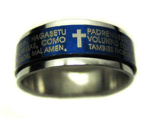 Stainless Steel Blue Silver Tone Religious Lords Spanish Prayer Mens Ring Size16