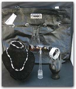 STUNNING GIFT SET!! Large Black Handbag, Necklace set, Diamante Sunglasses and watch