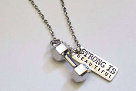 High Quality Rhodium Plated Strong Is Beautiful Stamped Barbell Fitness Gym Necklaces