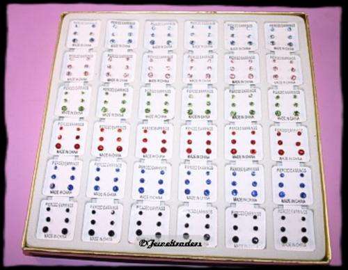 12 Sets of Three Studded Multi Coloured Diamante Earrings