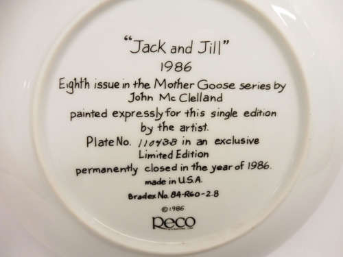 RECO BRADFORD 1986 JACK AND JILL Plate Mother Goose John McClelland