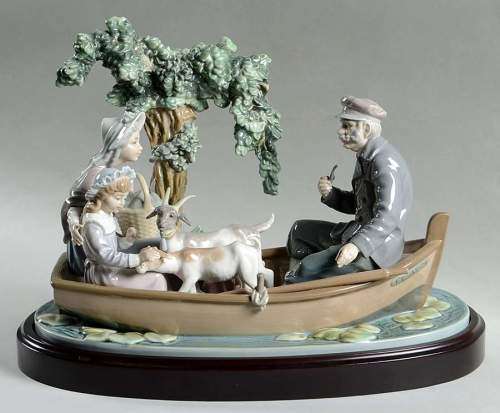 Large Retired Lladro `On the Lake` Man with family and goats on a boat