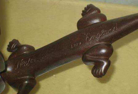 Large sculptural Art Deco (1923) heavy duty cast iron crocodile fire tongs / nutcracker  #