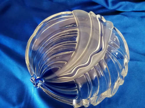 Striking heavy large clear glass bonbon dish with swirls of blue