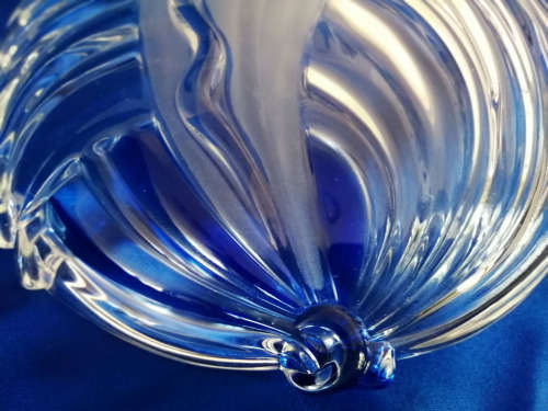 Striking heavy large clear glass bonbon dish with swirls of blue