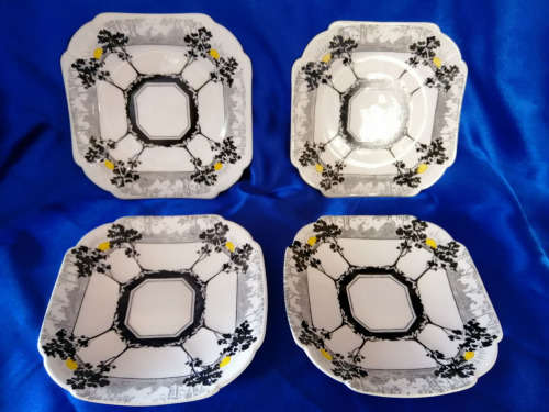 4 Shelley plates in art deco sunrise and black trees design  #