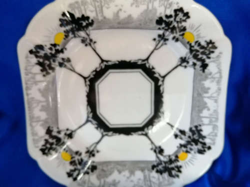 4 Shelley plates in art deco sunrise and black trees design  #