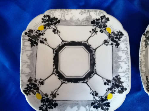 4 Shelley plates in art deco sunrise and black trees design  #
