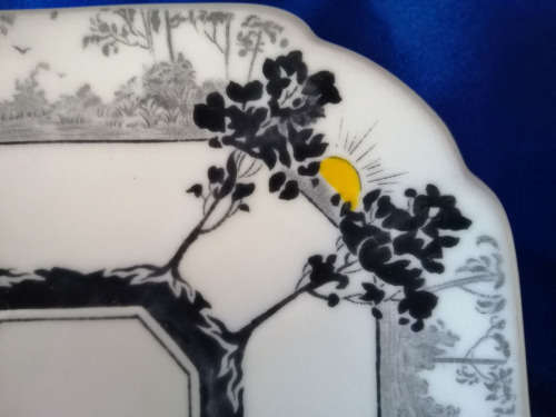 4 Shelley plates in art deco sunrise and black trees design  #