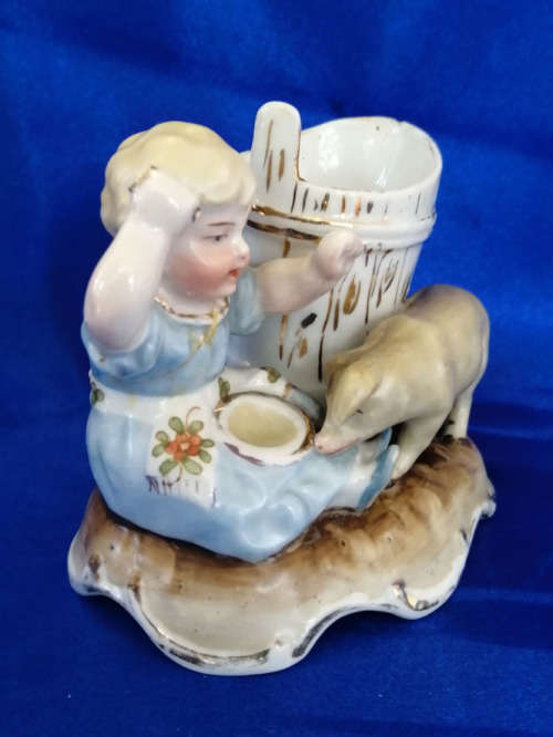 Very Old Match Striker Pig with Girl *