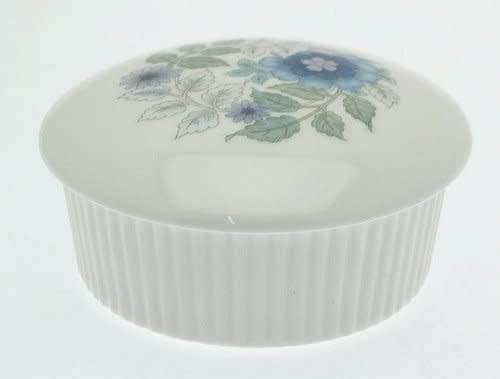 Wedgwood Clementine ribbed edged trinket box and lid - blue flowers on white  #